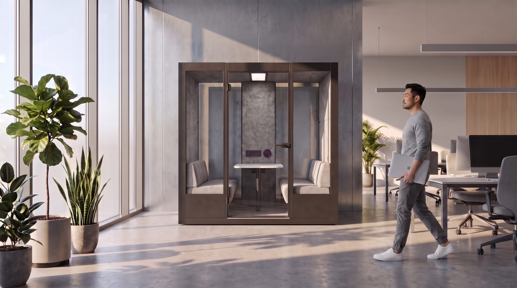 An employee walking past an empty two-person meeting booth with a steel-textured back wall in an open office.