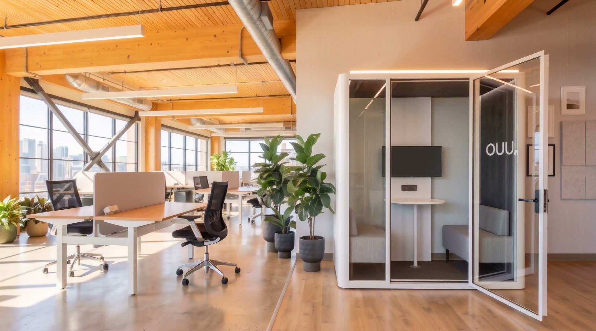 Sona acoustic booth in a bright loft office