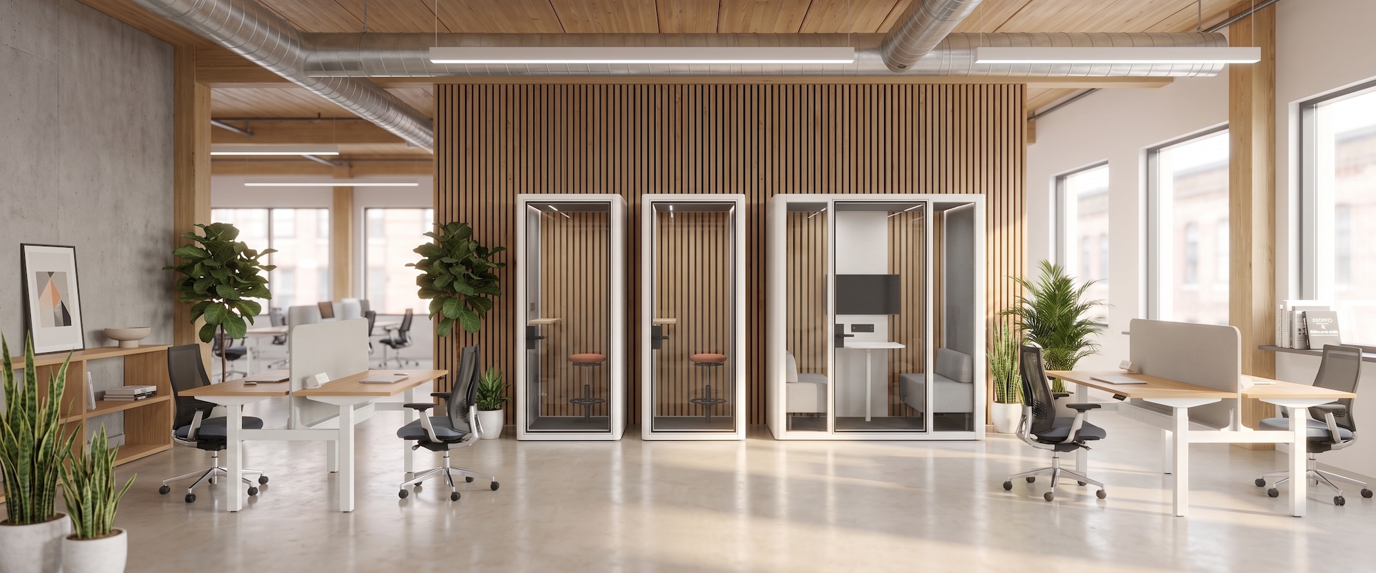 Row of Sona booths against a wood-slat wall between desks