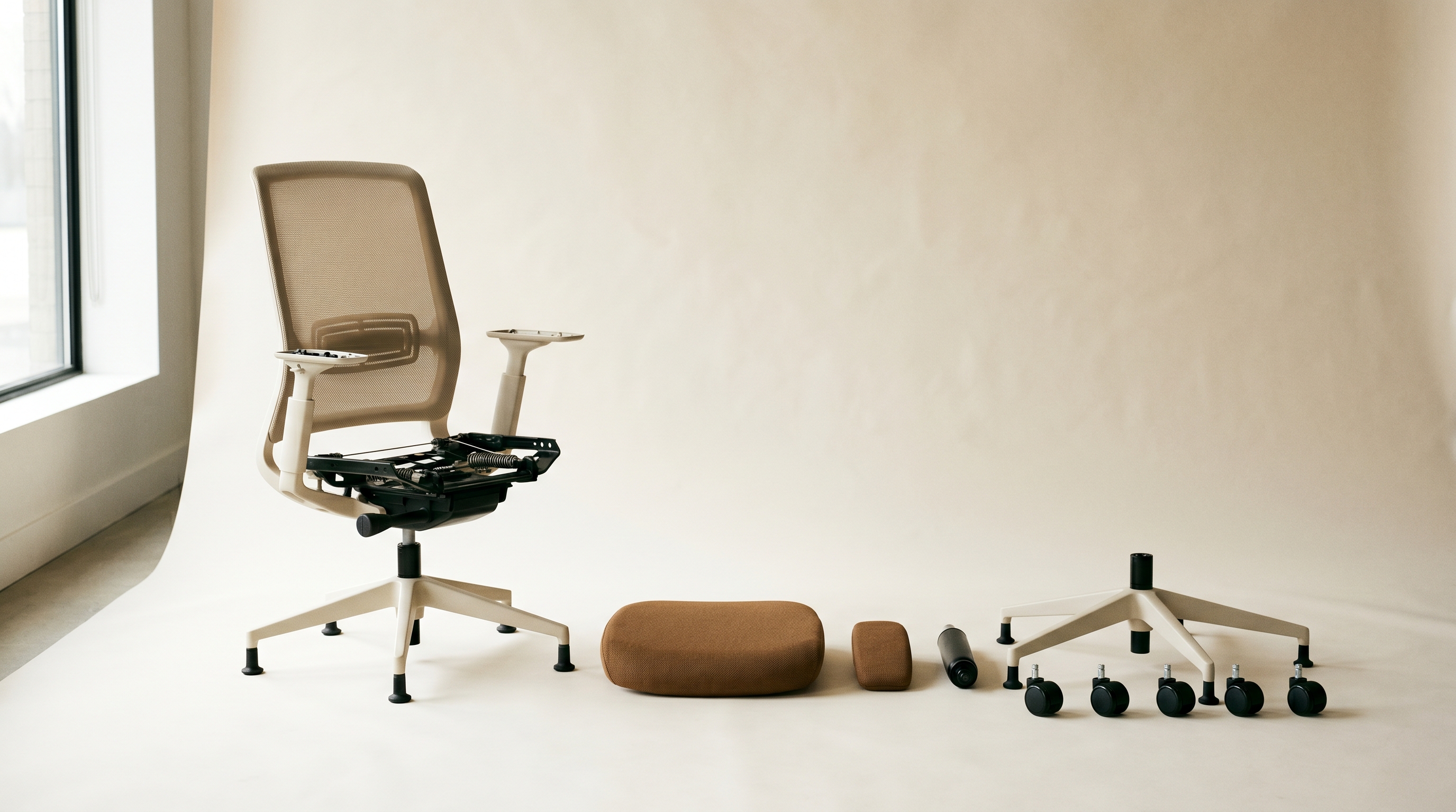 A task chair partially disassembled with replaceable components — seat cushion, armrest pad, gas cylinder, base, and casters — laid out beside it on a warm studio background.