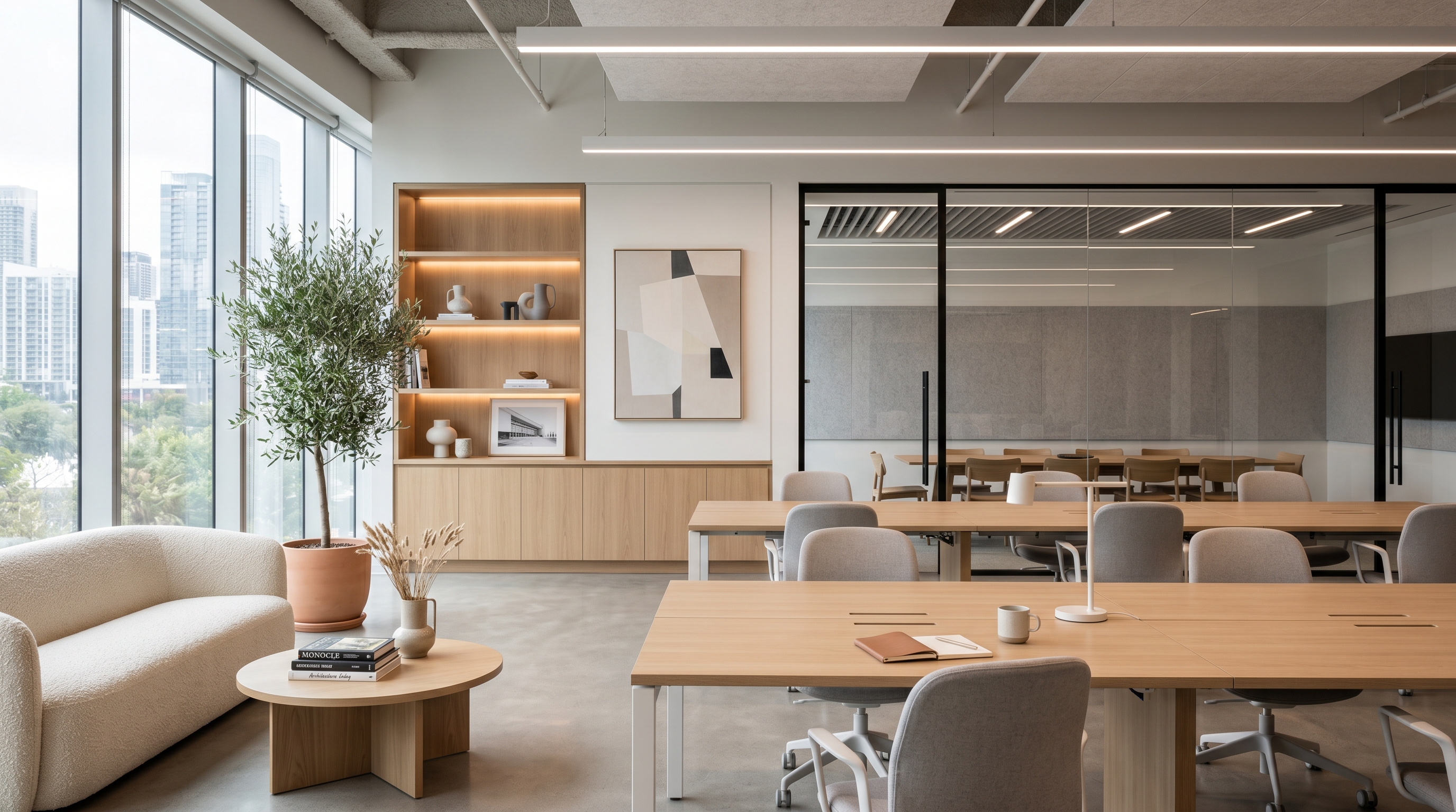 Modern open-plan office interior with concrete floors, long desk runs, and a frosted glass meeting room.